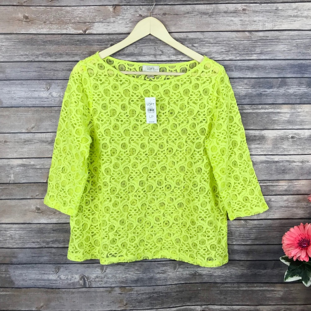 Loft NWT Neon Yellow Eyelet 3/4 Sleeve Top